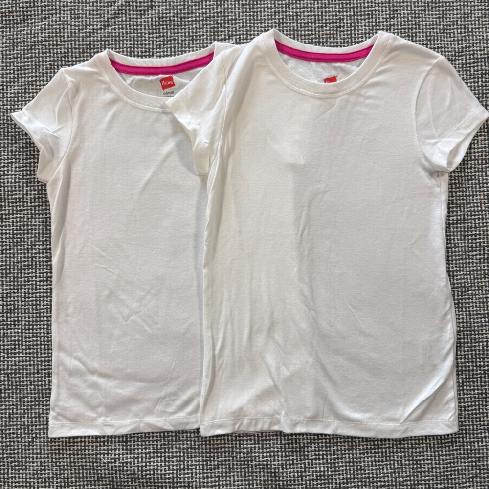 Two Pack Hanes Girls XS White Short Sleeve Crewneck T-Shirt Basic Cotton Blend